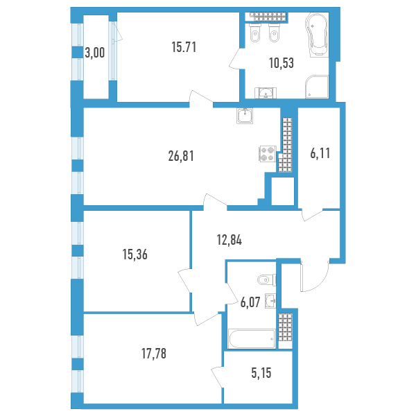 3-комнатная квартира, 117.86 м² - планировка, фото №1