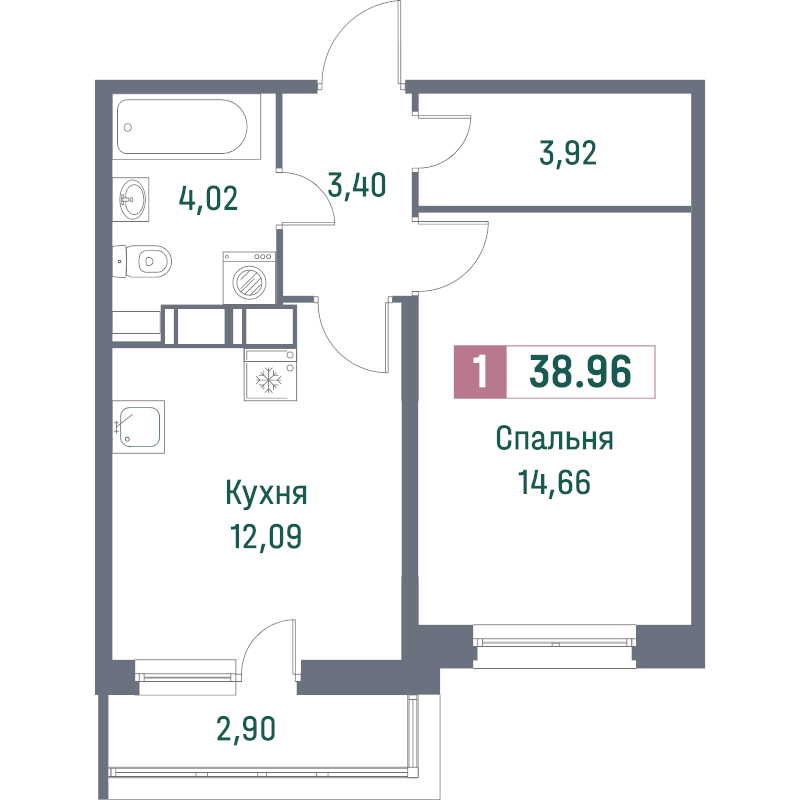 1-комнатная квартира, 38.96 м² - планировка, фото №1