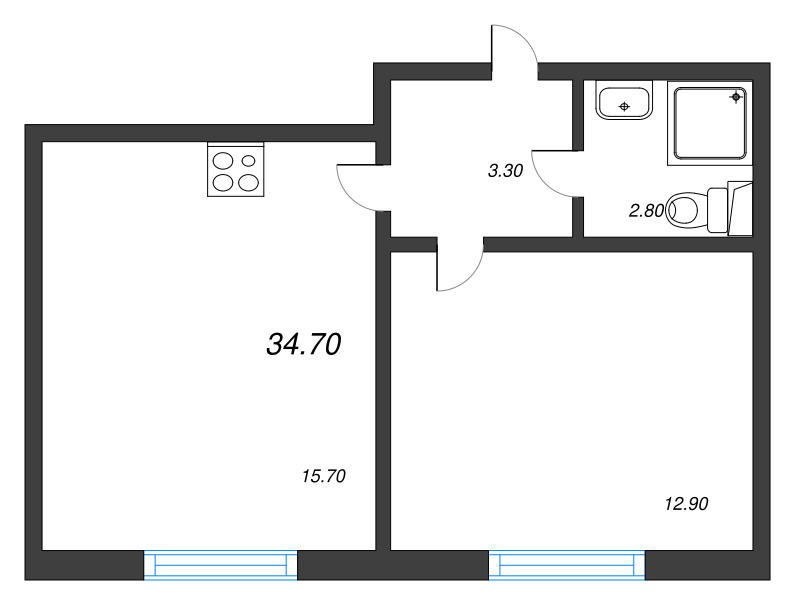 2-комнатная (Евро) квартира, 34.7 м² - планировка, фото №1