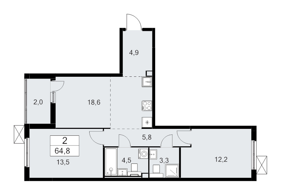 3-комнатная (Евро) квартира, 64.8 м² - планировка, фото №1