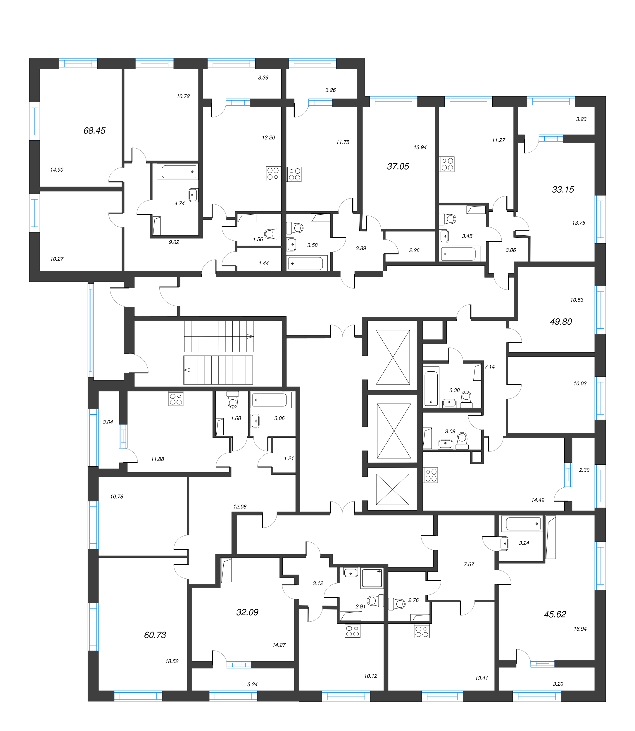 2-комнатная квартира, 60.73 м² - планировка этажа