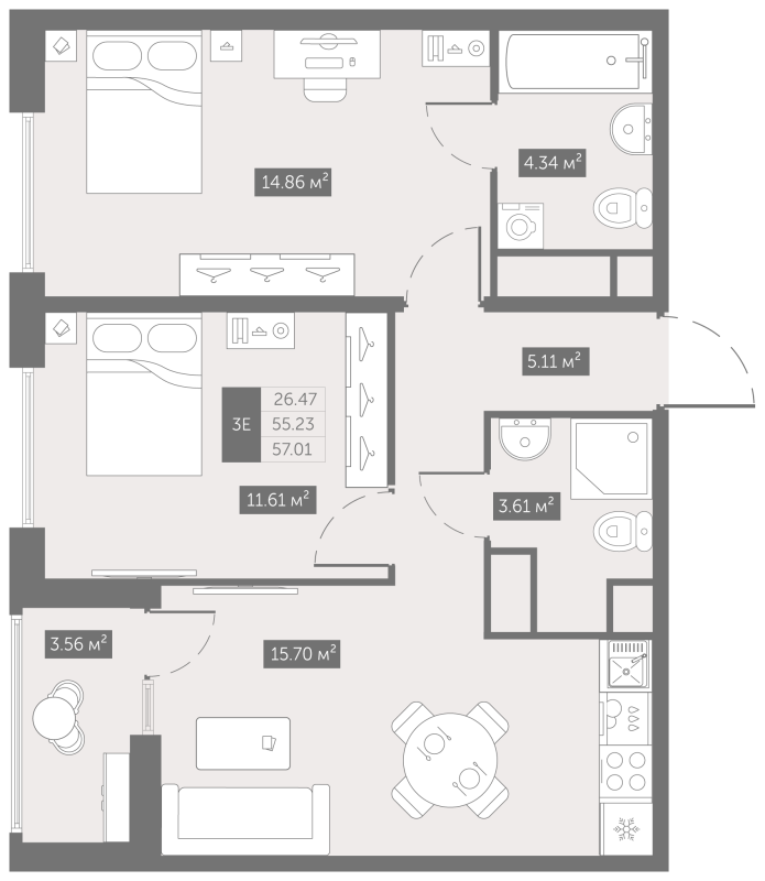 3-комнатная (Евро) квартира, 57.01 м² - планировка, фото №1