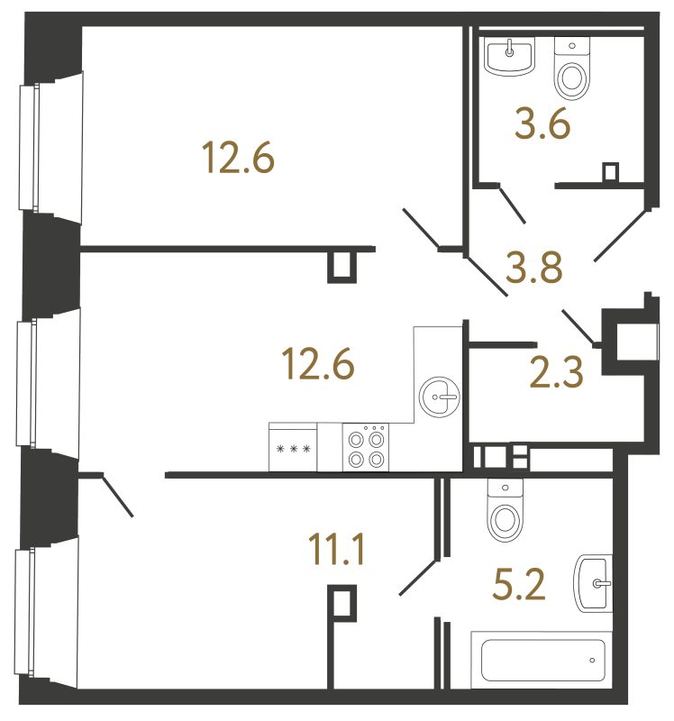 2-комнатная квартира, 51.2 м² в ЖК "Светоч" - планировка, фото №1