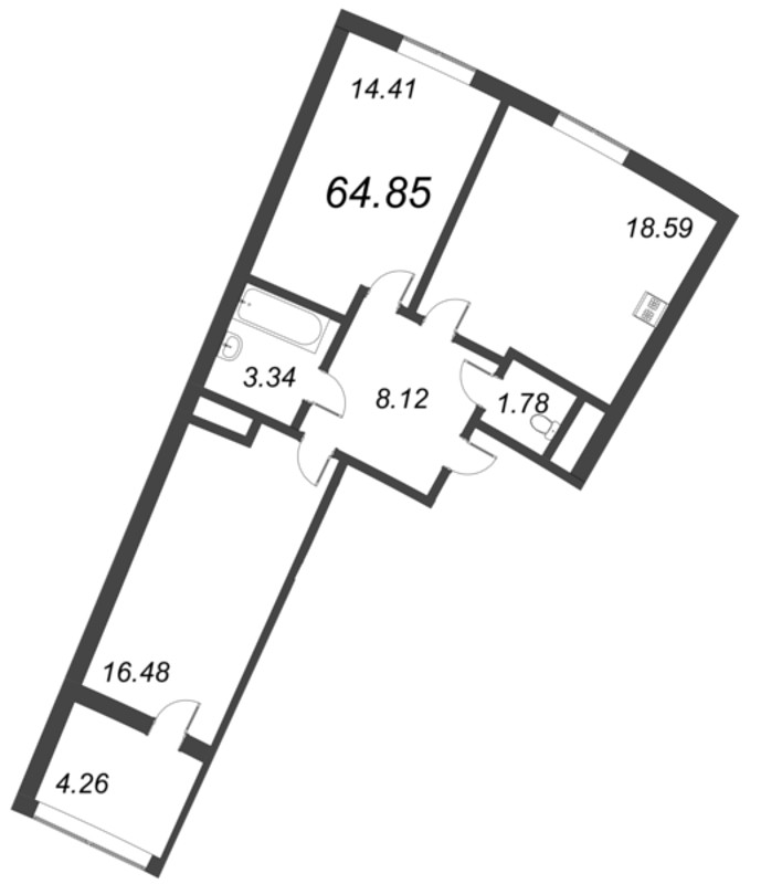 3-комнатная (Евро) квартира, 64.85 м² - планировка, фото №1