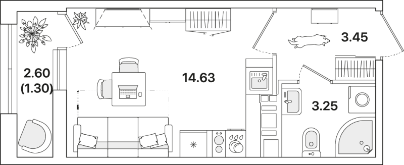 Квартира-студия, 22.63 м² - планировка, фото №1