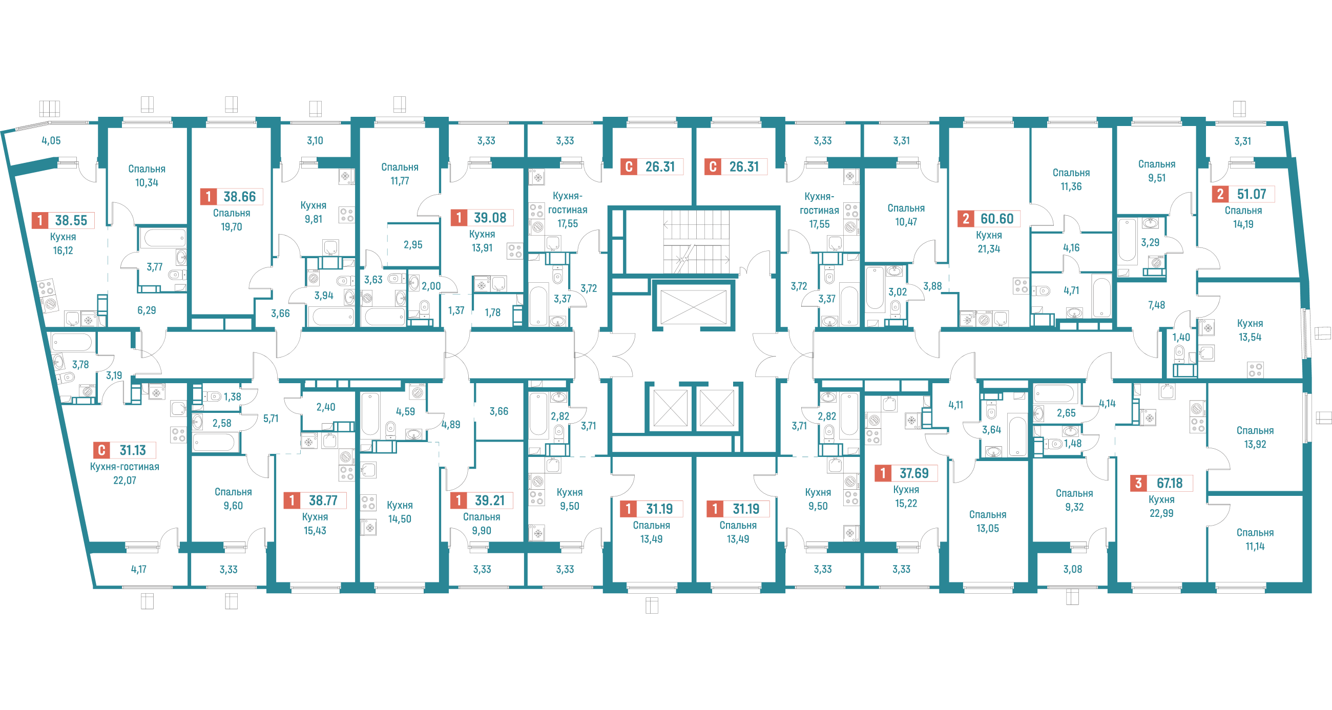 2-комнатная квартира, 51.07 м² в ЖК "Графика" - планировка этажа