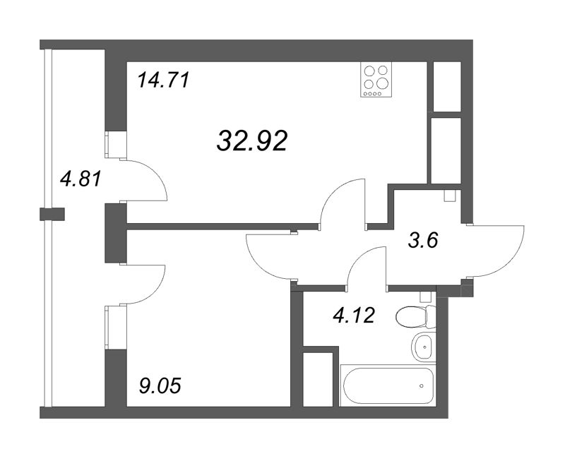 2-комнатная (Евро) квартира, 32.92 м² в ЖК "Южный форт" - планировка, фото №1