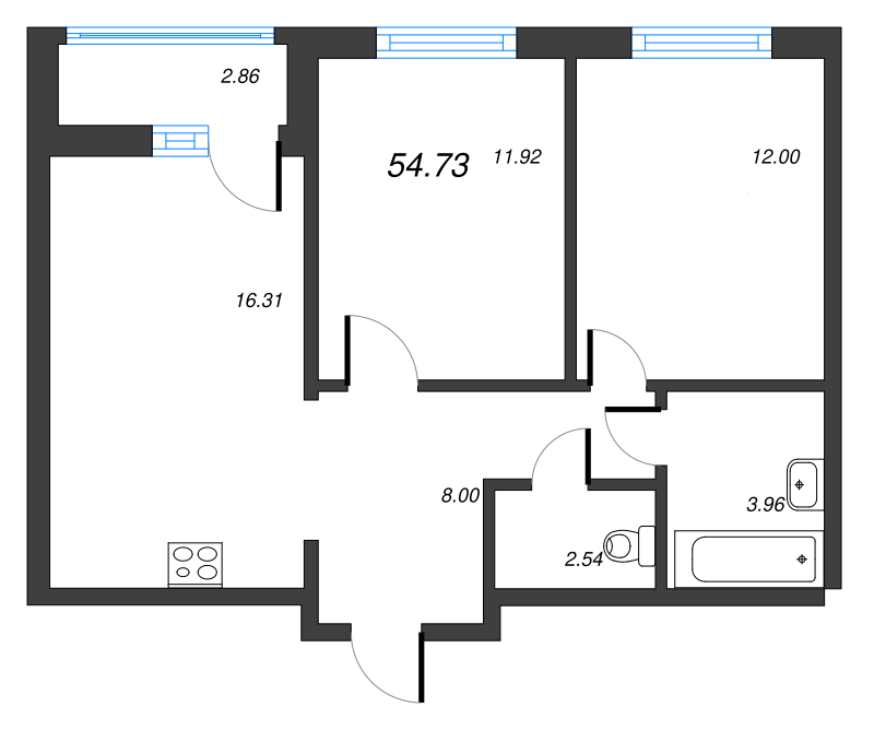 3-комнатная (Евро) квартира, 54.73 м² - планировка, фото №1
