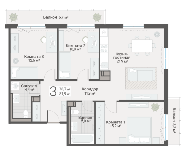 4-комнатная (Евро) квартира, 81.9 м² в ЖК "Руднева 15" - планировка, фото №1