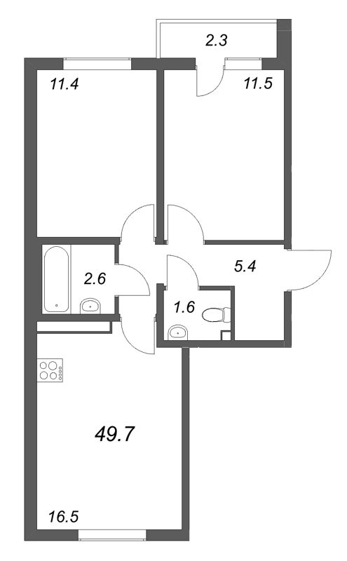 3-комнатная (Евро) квартира, 49.7 м² в ЖК "ЛСР. Ржевский парк" - планировка, фото №1