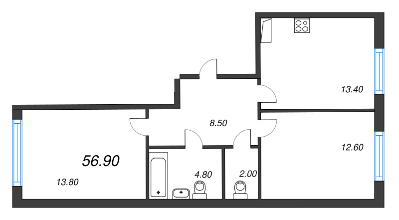 2-комнатная квартира, 56.9 м² - планировка, фото №1