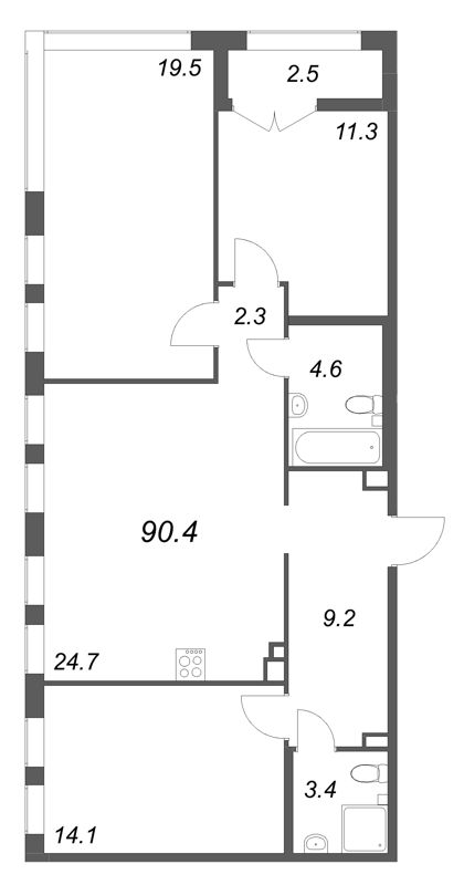 4-комнатная (Евро) квартира, 90.4 м² в ЖК "Кронунг ЮГ" - планировка, фото №1