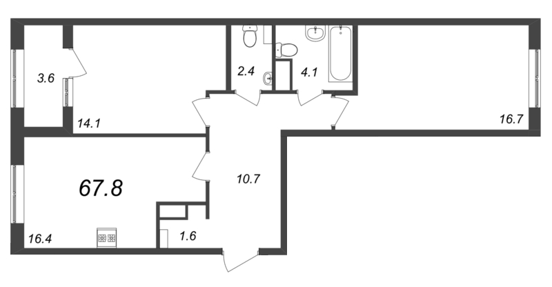 2-комнатная квартира, 68 м² - планировка, фото №1