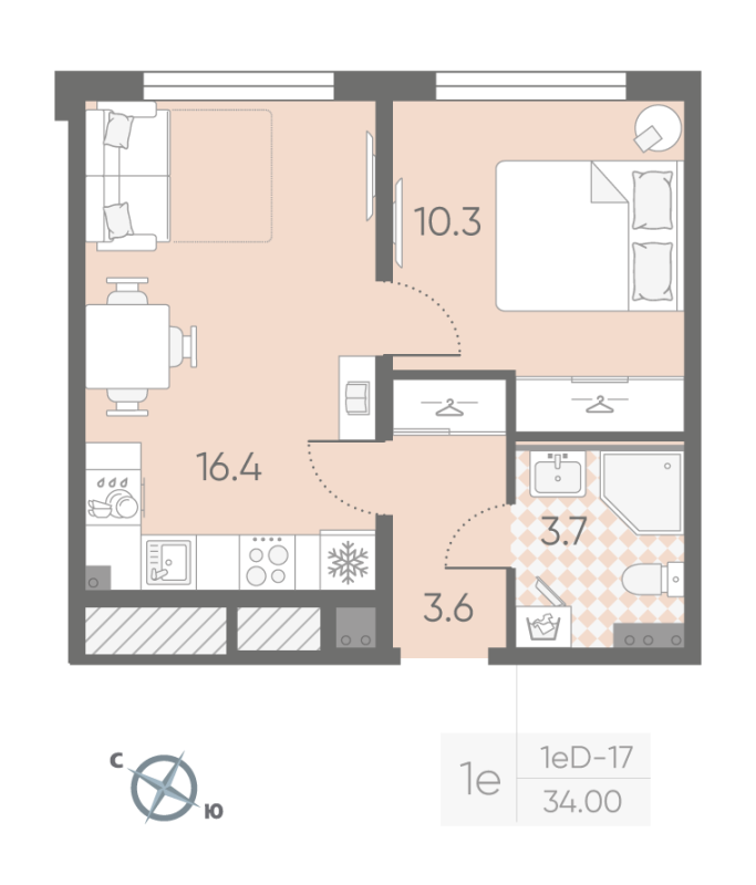 2-комнатная (Евро) квартира, 34 м² в ЖК "Пулково Lake" - планировка, фото №1