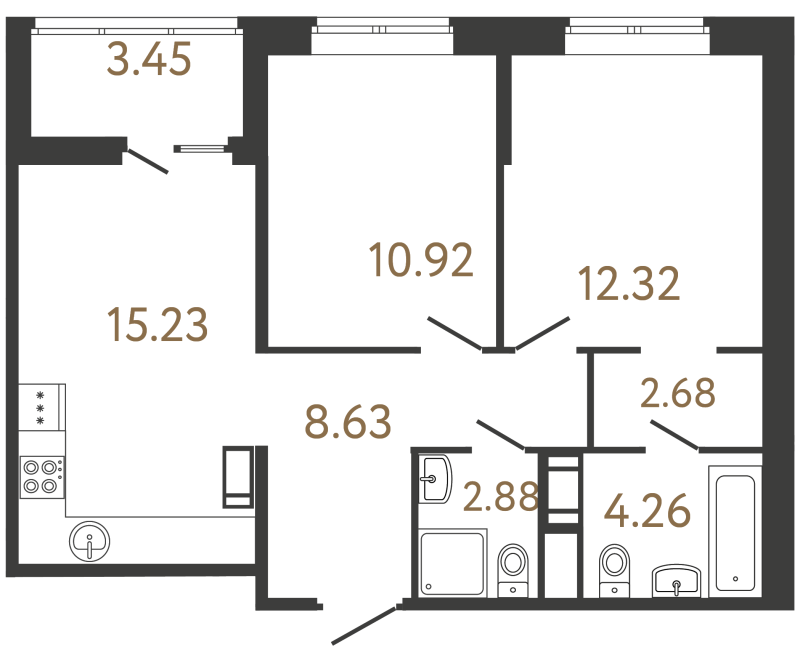 3-комнатная (Евро) квартира, 56.92 м² в ЖК "Ultra City 3.0" - планировка, фото №1