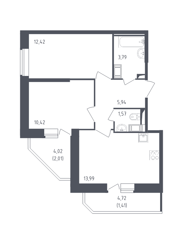 2-комнатная квартира, 51.55 м² - планировка, фото №1