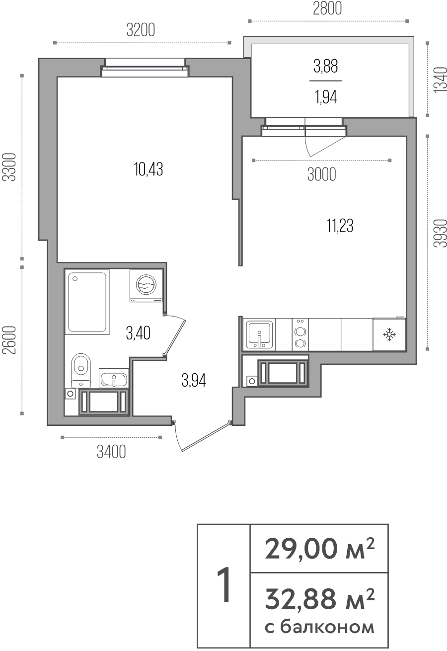 1-комнатная квартира, 29 м² - планировка, фото №1