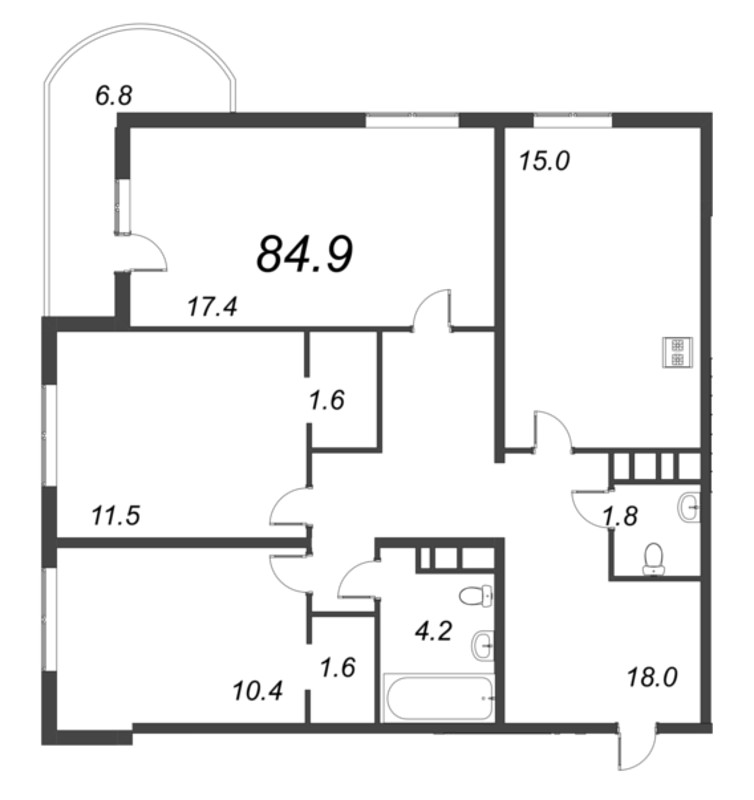 3-комнатная квартира, 84.9 м² - планировка, фото №1