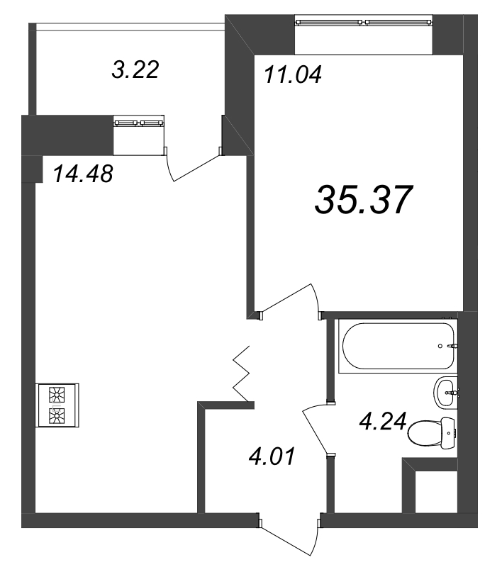 1-комнатная квартира, 35.37 м² - планировка, фото №1