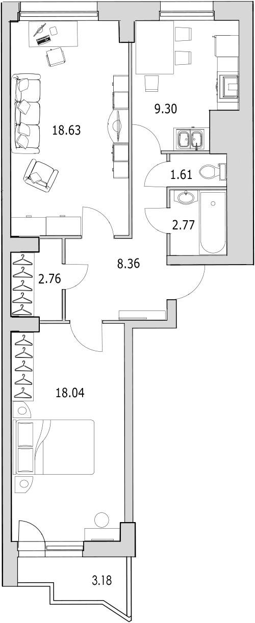 2-комнатная квартира, 63.8 м² - планировка, фото №1