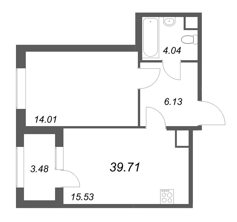 2-комнатная (Евро) квартира, 39.71 м² в ЖК "Дубровский" - планировка, фото №1