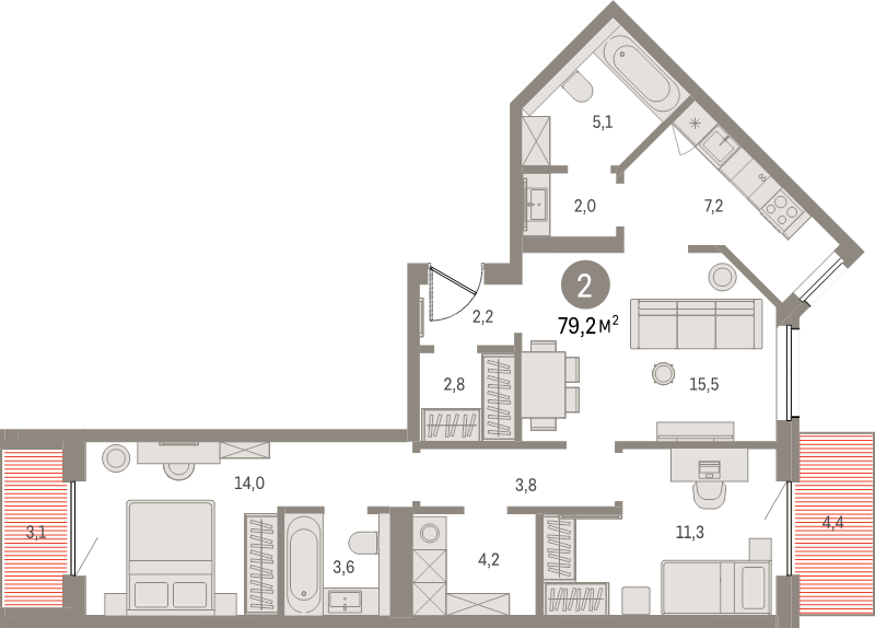 3-комнатная (Евро) квартира, 78.9 м² в ЖК "Северный ветер" - планировка, фото №1