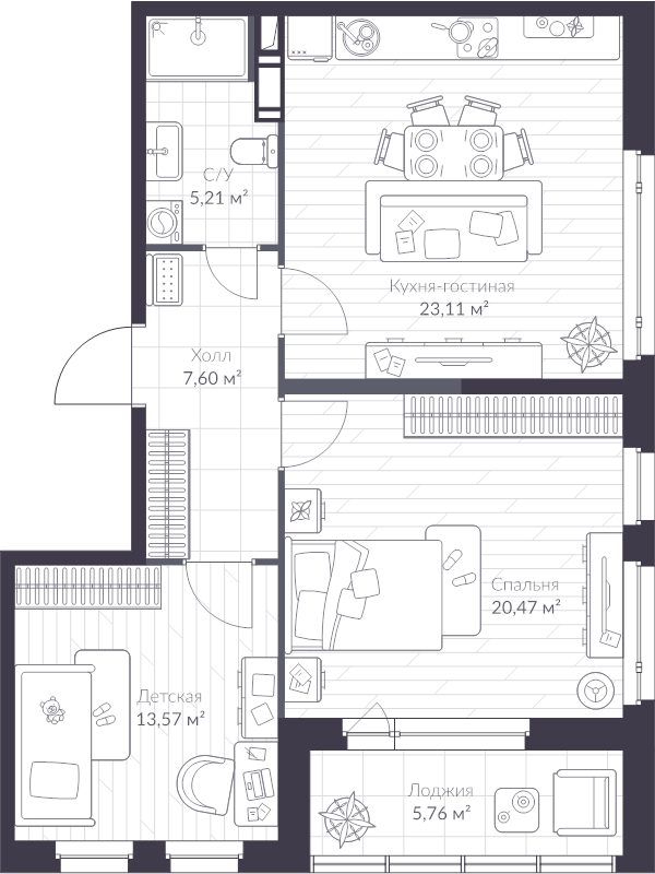 3-комнатная (Евро) квартира, 72.5 м² в ЖК "VEREN NEXT шуваловский" - планировка, фото №1