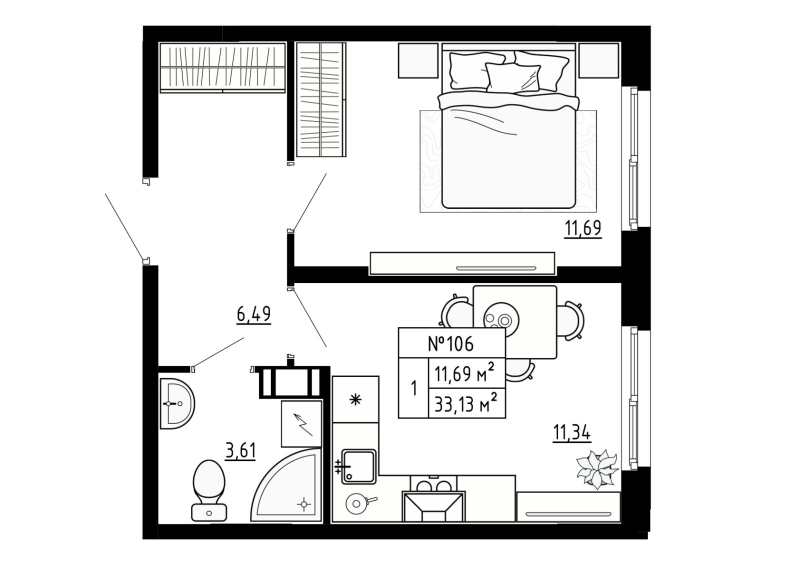 1-комнатная квартира, 33.13 м² в ЖК "Аннино Сити" - планировка, фото №1