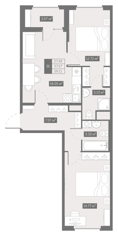 2-комнатная квартира, 59.11 м² - планировка, фото №1