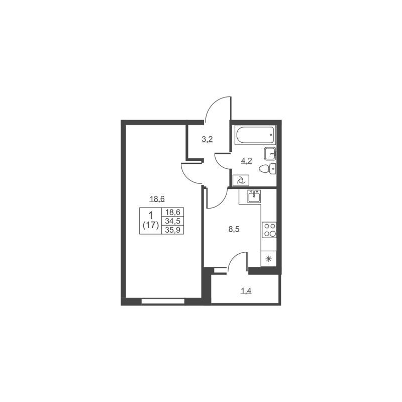1-комнатная квартира, 35.9 м² в ЖК "Ермак" - планировка, фото №1