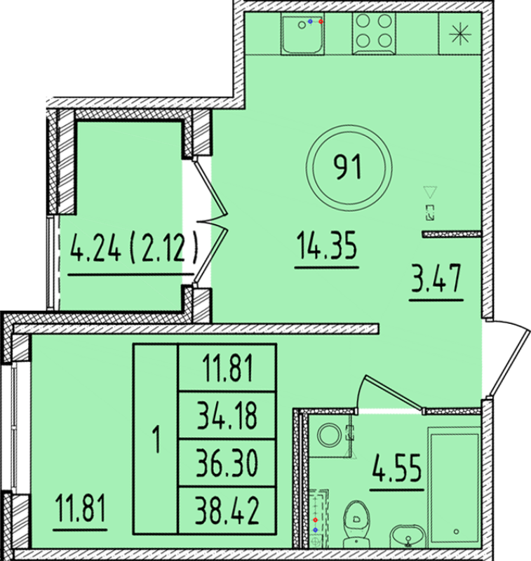 1-комнатная квартира, 34.18 м² - планировка, фото №1