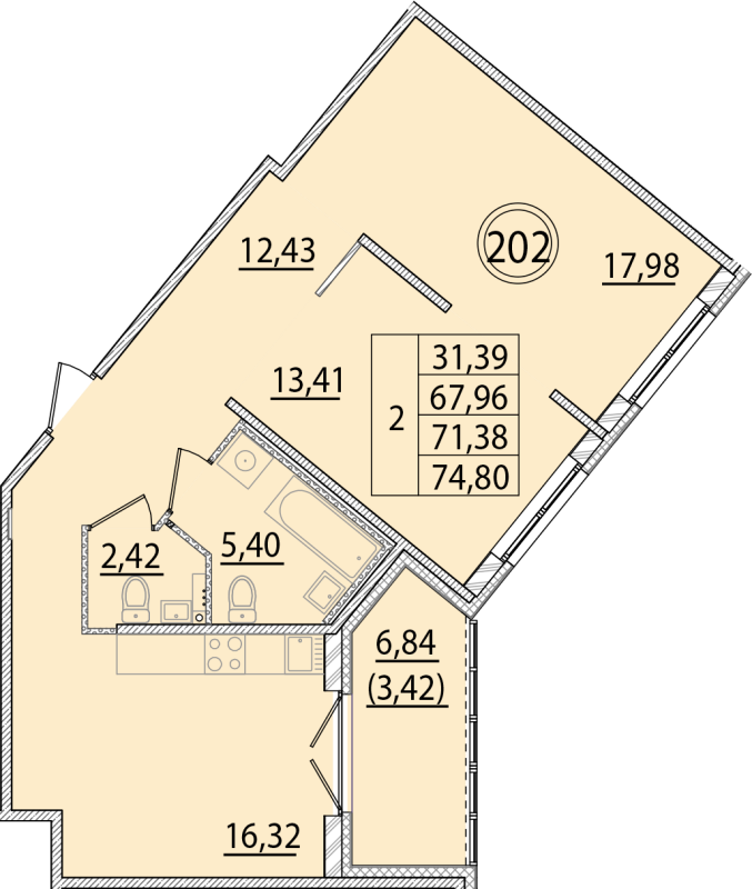 3-комнатная (Евро) квартира, 67.96 м² - планировка, фото №1