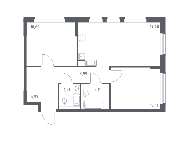 3-комнатная (Евро) квартира, 53.18 м² - планировка, фото №1