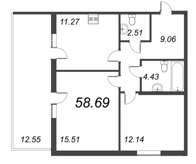 2-комнатная квартира, 58.69 м² - планировка, фото №1