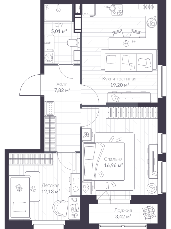 3-комнатная (Евро) квартира, 63 м² в ЖК "VEREN NEXT шуваловский" - планировка, фото №1