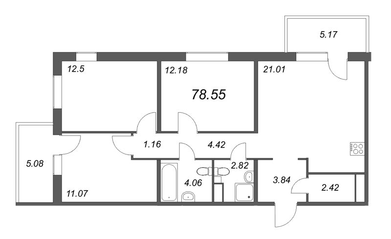 4-комнатная (Евро) квартира, 78.75 м² в ЖК "IQ Гатчина" - планировка, фото №1