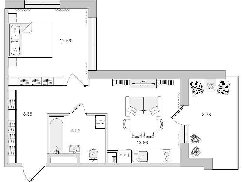 2-комнатная (Евро) квартира, 48.33 м² в ЖК "Город Первых" - планировка, фото №1
