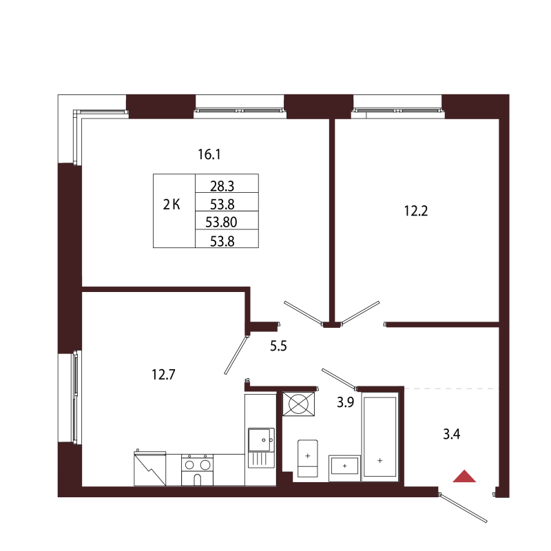 2-комнатная квартира, 53.8 м² в ЖК "Лисино" - планировка, фото №1