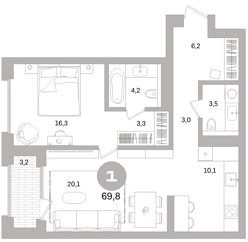 2-комнатная (Евро) квартира, 69.8 м² в ЖК "Северный ветер" - планировка, фото №1