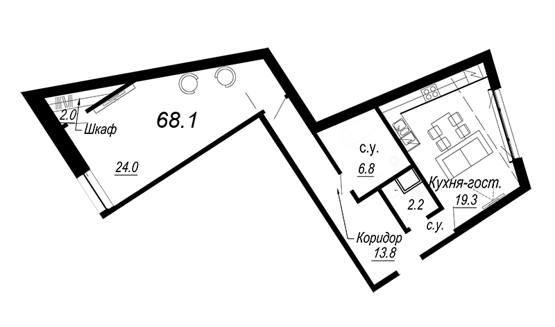2-комнатная (Евро) квартира, 68.4 м² - планировка, фото №1