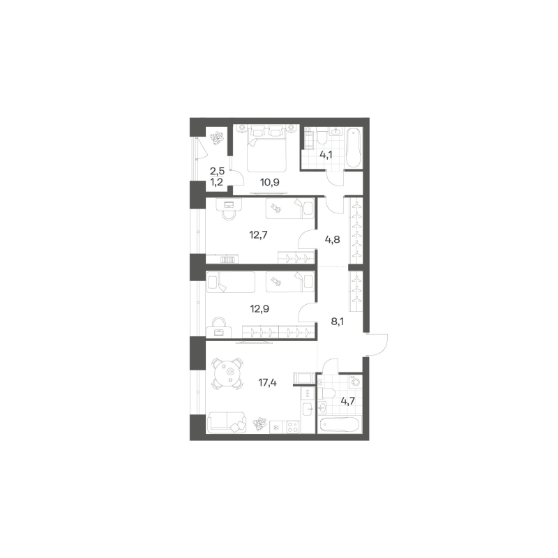 4-комнатная (Евро) квартира, 76.89 м² в ЖК "Новый Питер" - планировка, фото №1