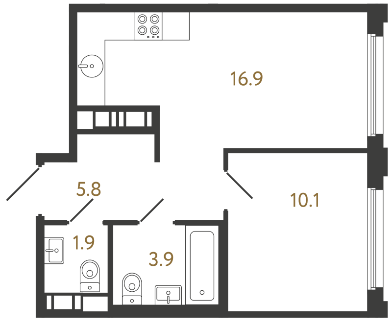 2-комнатная (Евро) квартира, 38.6 м² в ЖК "Гений" - планировка, фото №1