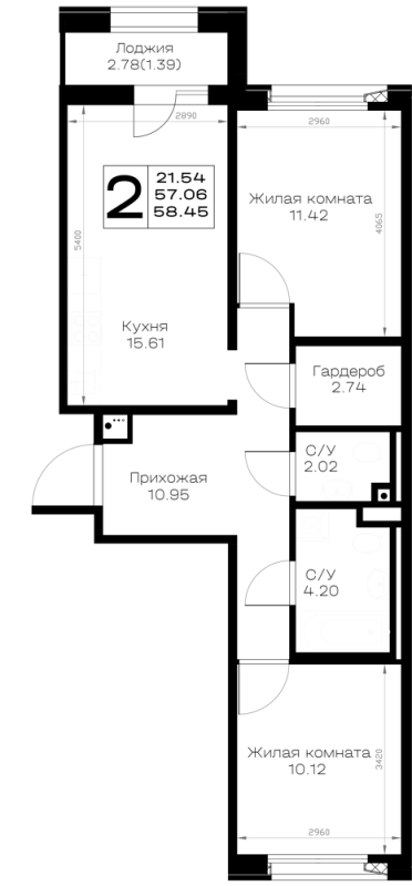 3-комнатная (Евро) квартира, 58.45 м² в ЖК "Борский" - планировка, фото №1
