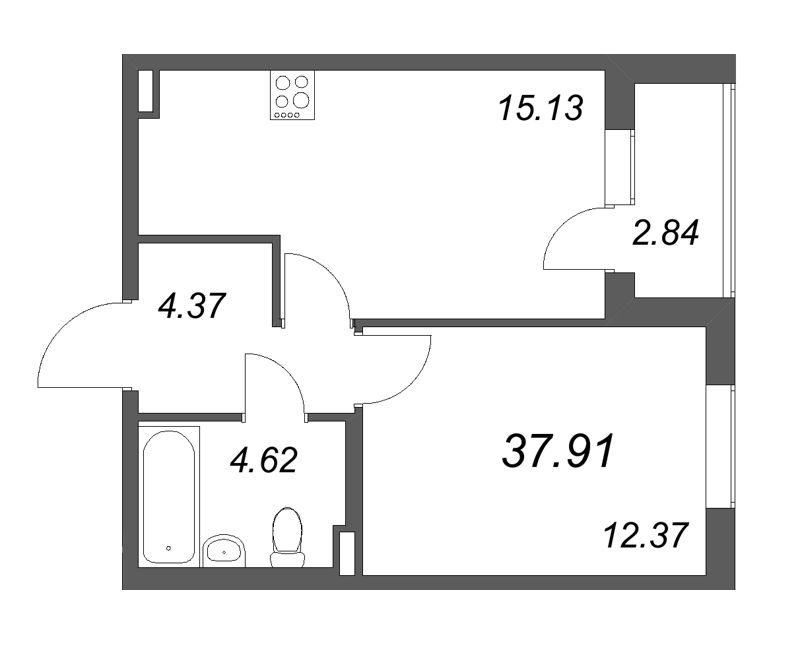 1-комнатная квартира, 37.91 м² в ЖК "Новая история" - планировка, фото №1