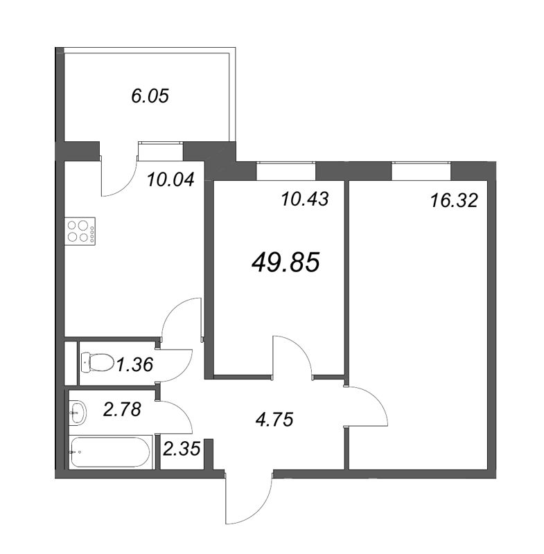 2-комнатная квартира, 48.03 м² - планировка, фото №1