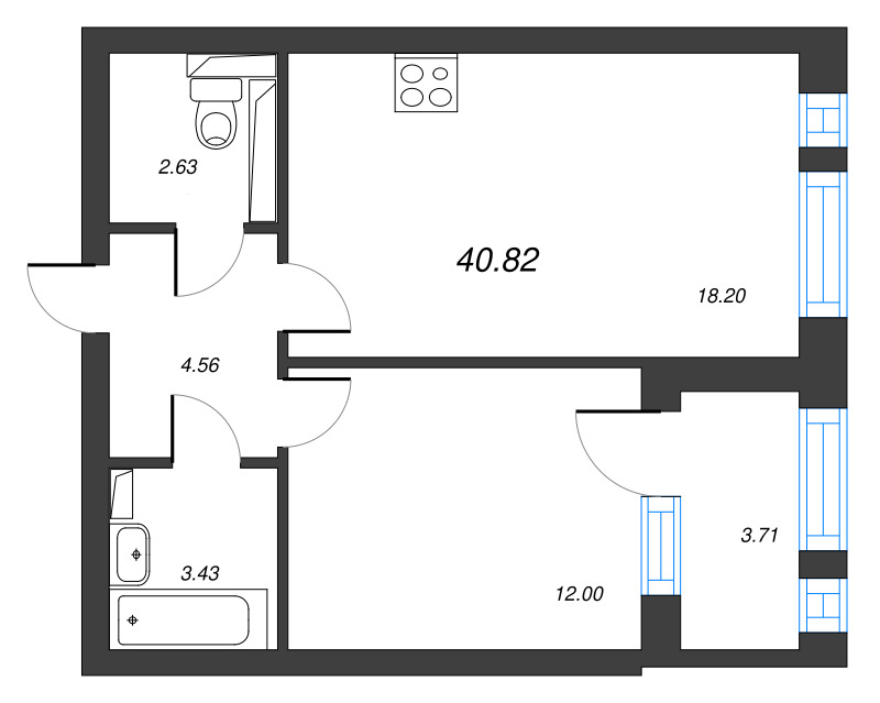 2-комнатная (Евро) квартира, 42.68 м² в ЖК "Кронфорт. Центральный" - планировка, фото №1