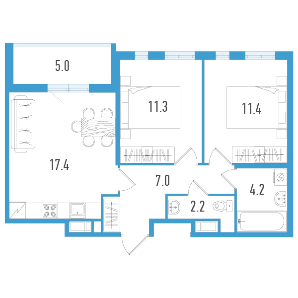 3-комнатная (Евро) квартира, 56 м² - планировка, фото №1