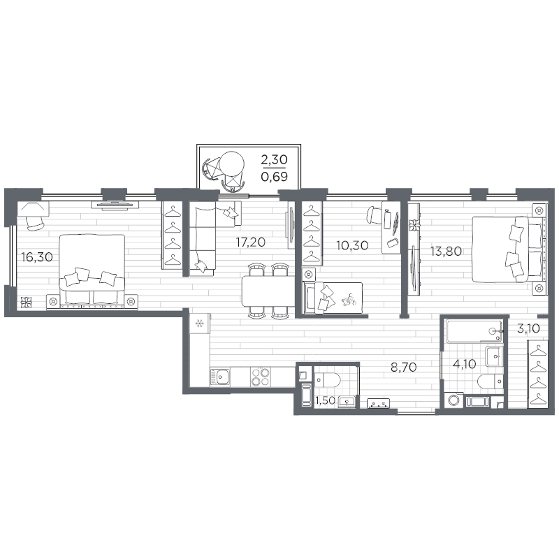 4-комнатная (Евро) квартира, 75.69 м² в ЖК "PLUS Пулковский" - планировка, фото №1