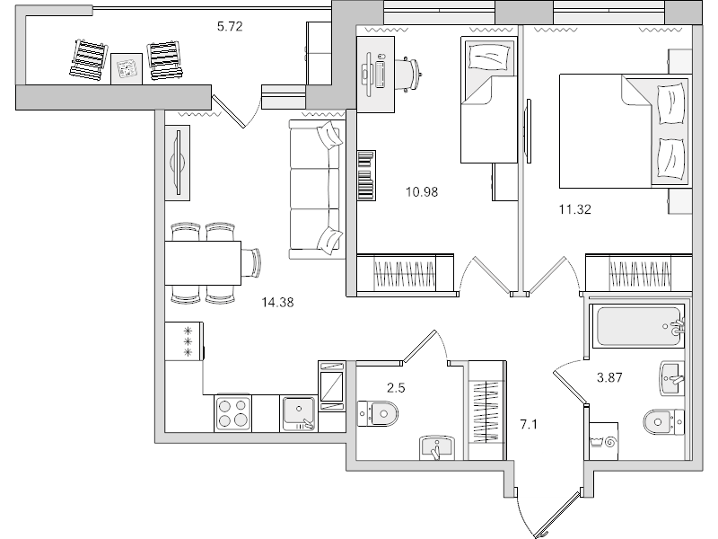 3-комнатная (Евро) квартира, 50.15 м² - планировка, фото №1