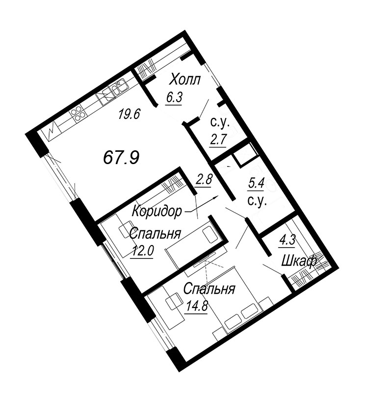 3-комнатная (Евро) квартира, 68.8 м² в ЖК "Meltzer Hall" - планировка, фото №1